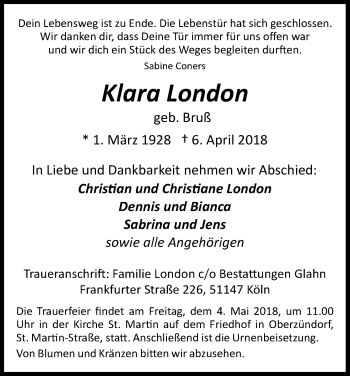 Anzeige von Klara London von Kölner Stadt-Anzeiger / Kölnische Rundschau / Express