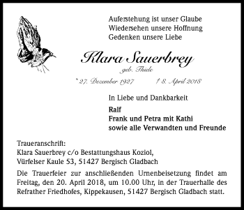 Anzeige von Klara Sauerbrey von Kölner Stadt-Anzeiger / Kölnische Rundschau / Express