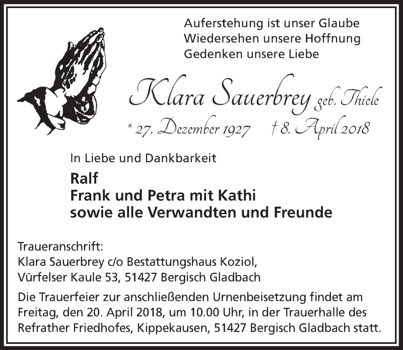  Traueranzeige für Klara Sauerbrey vom 14.04.2018 aus  Bergisches Sonntagsblatt 