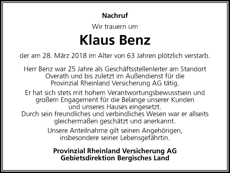  Traueranzeige für Klaus Benz vom 14.04.2018 aus Kölner Stadt-Anzeiger / Kölnische Rundschau / Express