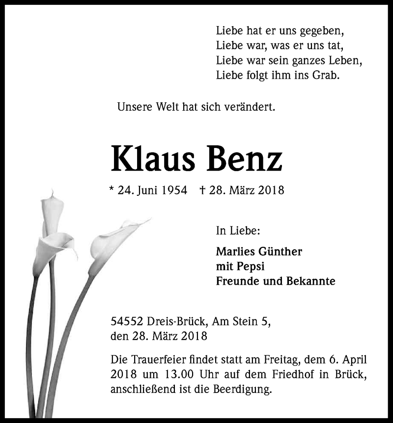  Traueranzeige für Klaus Benz vom 04.04.2018 aus Kölner Stadt-Anzeiger / Kölnische Rundschau / Express