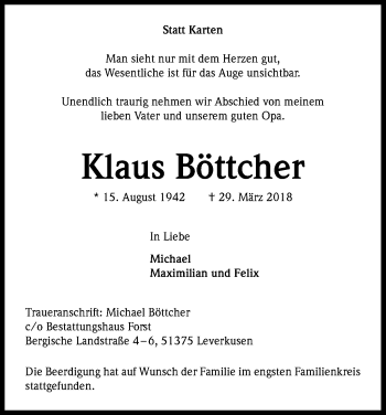 Anzeige von Klaus Böttcher von Kölner Stadt-Anzeiger / Kölnische Rundschau / Express