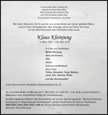Anzeige von Klaus Kleinjung von Kölner Stadt-Anzeiger / Kölnische Rundschau / Express