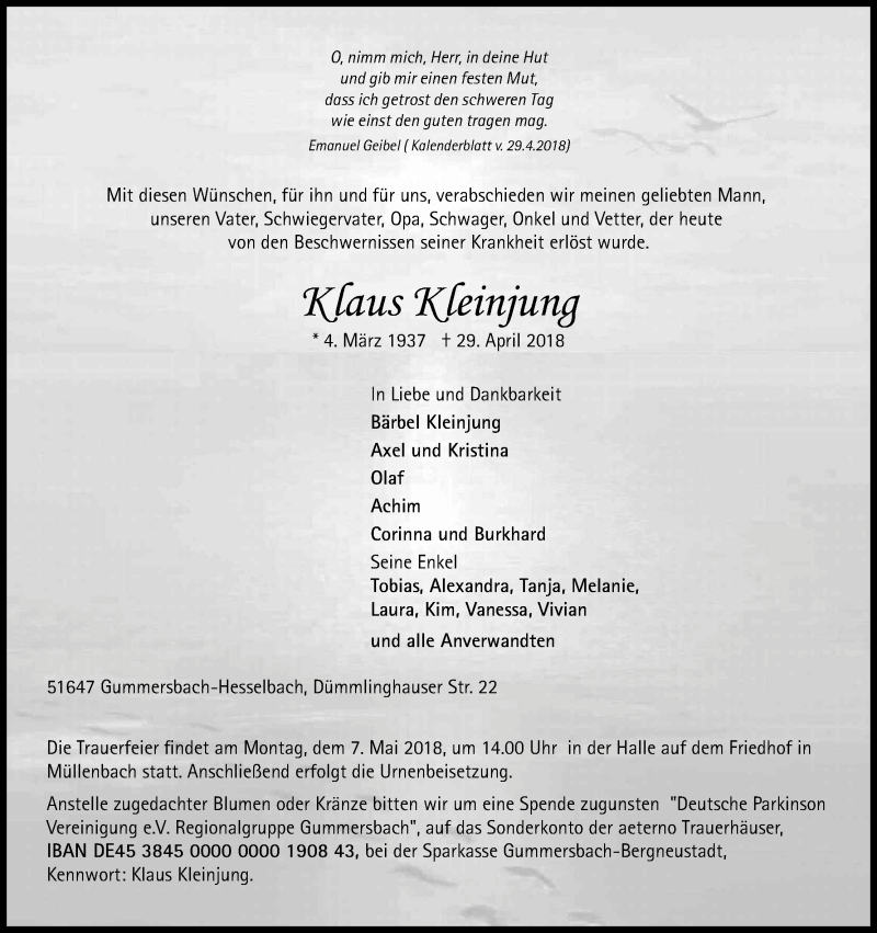  Traueranzeige für Klaus Kleinjung vom 01.05.2018 aus Kölner Stadt-Anzeiger / Kölnische Rundschau / Express