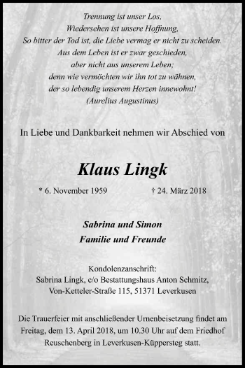 Anzeige von Klaus Lingk von Kölner Stadt-Anzeiger / Kölnische Rundschau / Express
