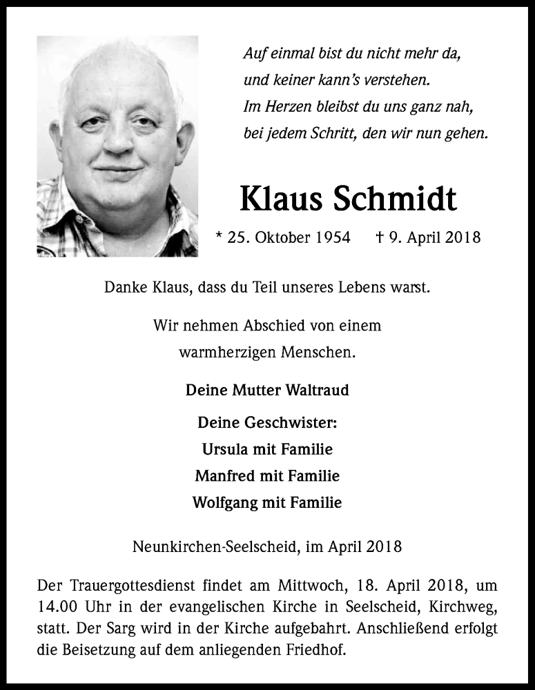  Traueranzeige für Klaus Schmidt vom 14.04.2018 aus Kölner Stadt-Anzeiger / Kölnische Rundschau / Express