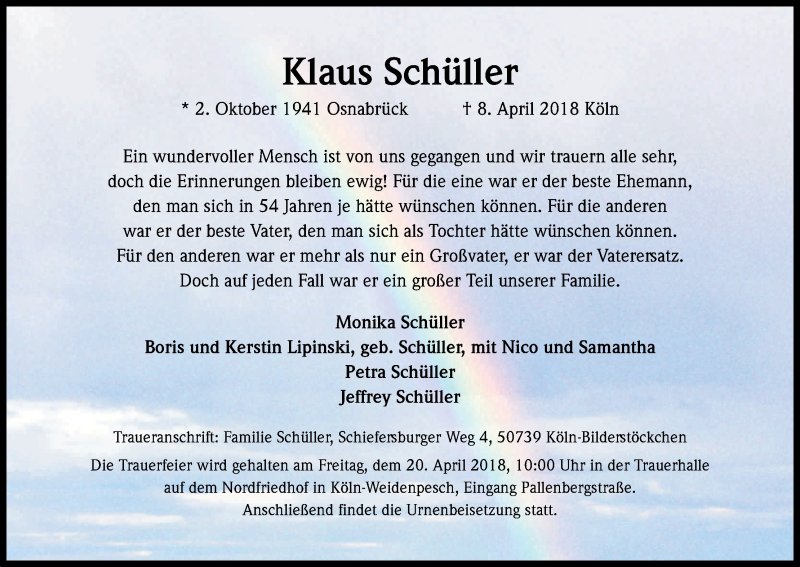  Traueranzeige für Klaus Schüller vom 14.04.2018 aus Kölner Stadt-Anzeiger / Kölnische Rundschau / Express