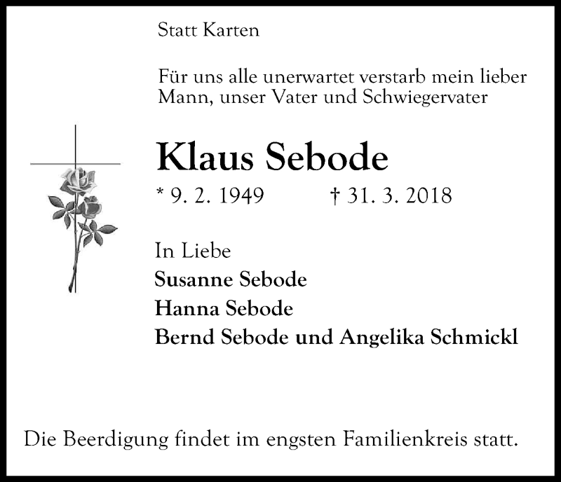  Traueranzeige für Klaus Sebode vom 10.04.2018 aus Kölner Stadt-Anzeiger / Kölnische Rundschau / Express