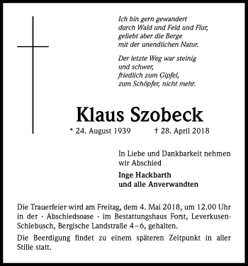 Anzeige von Klaus Szobek von Kölner Stadt-Anzeiger / Kölnische Rundschau / Express