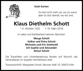 Anzeige von Klaus Diethelm Schott von Kölner Stadt-Anzeiger / Kölnische Rundschau / Express