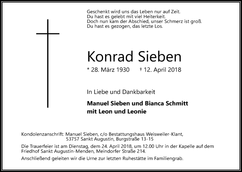  Traueranzeige für Konrad Sieben vom 18.04.2018 aus Kölner Stadt-Anzeiger / Kölnische Rundschau / Express