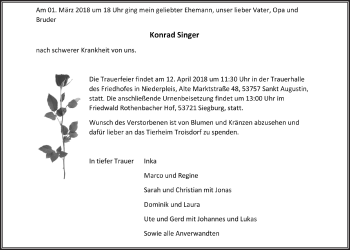Anzeige von Konrad Singer von  Rhein-Sieg-Wochenende 