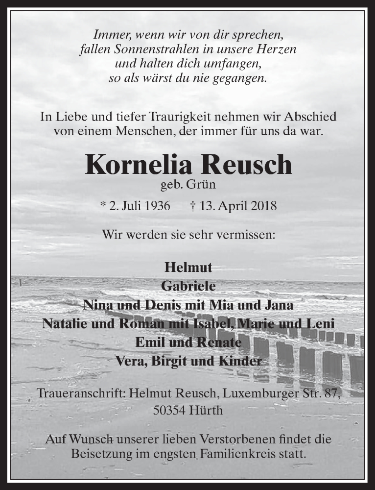  Traueranzeige für Kornelia Reusch vom 25.04.2018 aus  Wochenende 