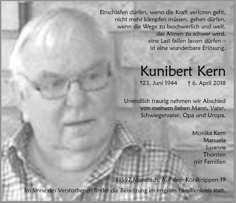  Traueranzeige für Kunibert Kern vom 11.04.2018 aus  Lokalanzeiger 