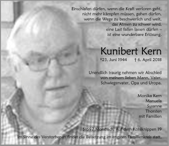 Anzeige von Kunibert Kern von  Lokalanzeiger 