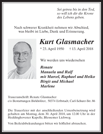 Anzeige von Kurt Glasmacher von  Werbepost 