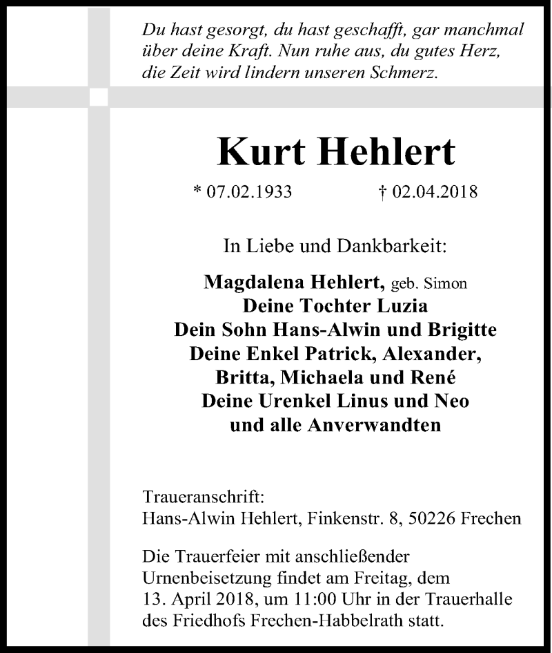  Traueranzeige für Kurt Hehlert vom 07.04.2018 aus Kölner Stadt-Anzeiger / Kölnische Rundschau / Express