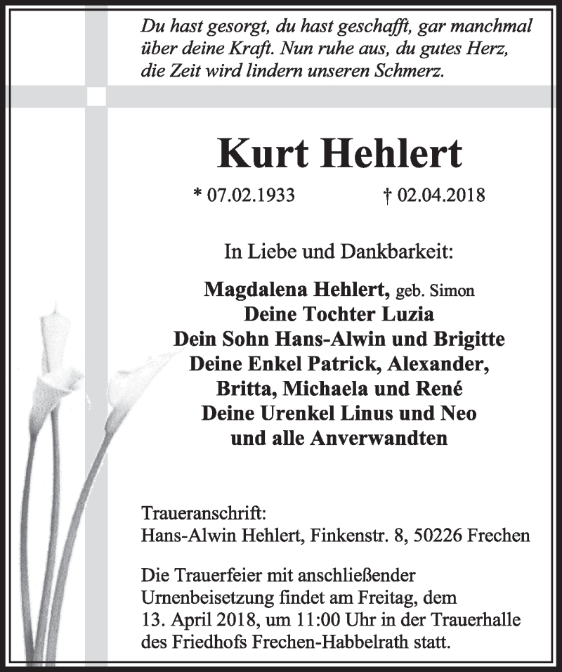  Traueranzeige für Kurt Hehlert vom 07.04.2018 aus  Sonntags-Post 