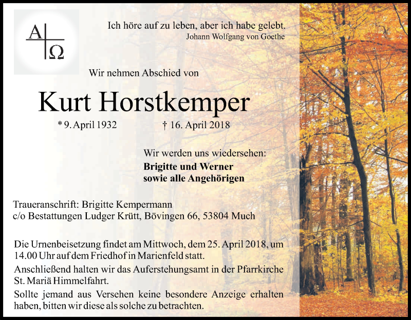  Traueranzeige für Kurt Horstkemper vom 21.04.2018 aus Kölner Stadt-Anzeiger / Kölnische Rundschau / Express