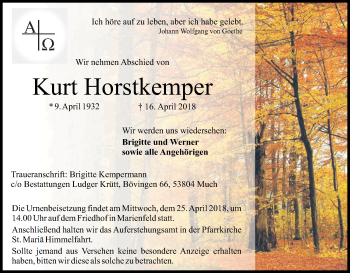 Anzeige von Kurt Horstkemper von Kölner Stadt-Anzeiger / Kölnische Rundschau / Express