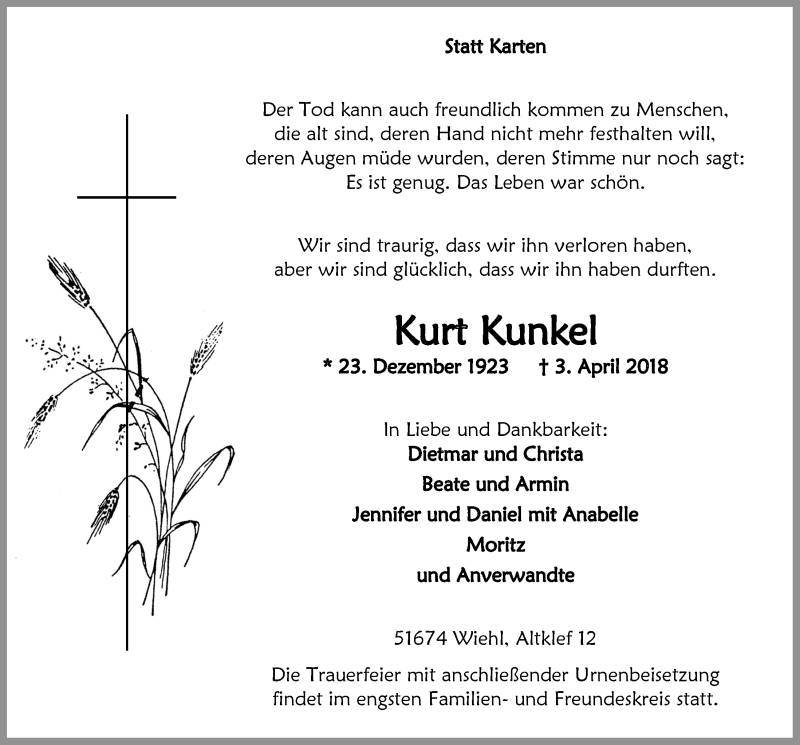 Traueranzeige für Kurt Kunkel vom 11.04.2018 aus  Anzeigen Echo 