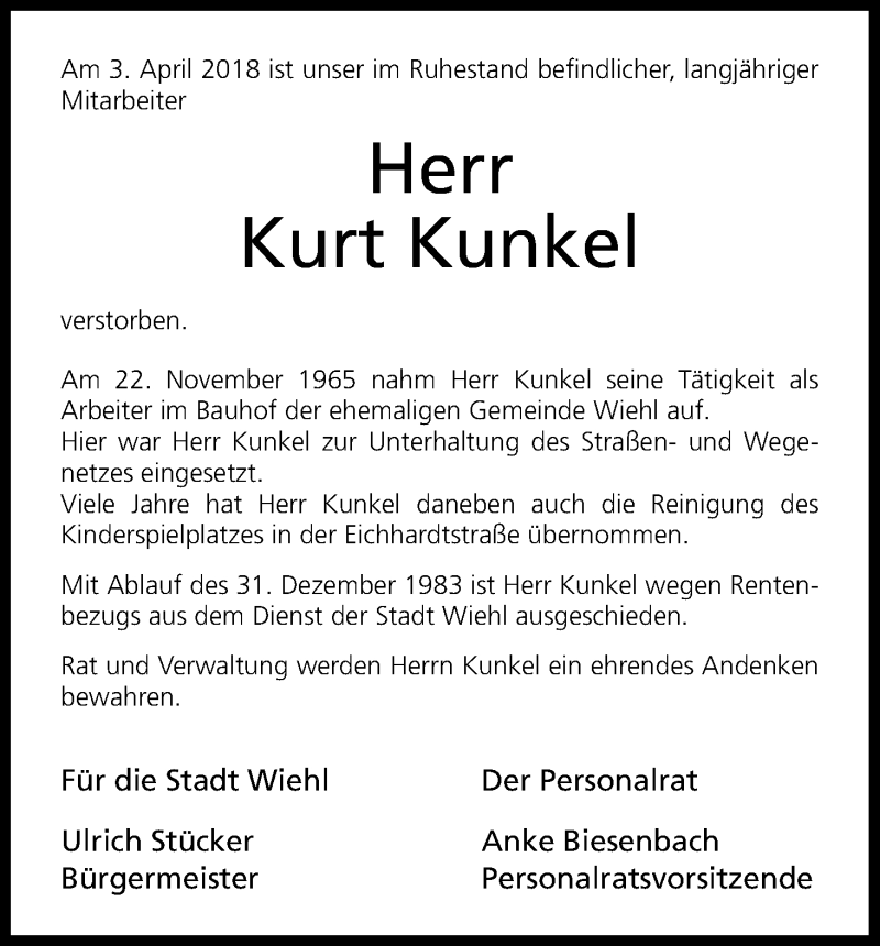  Traueranzeige für Kurt Kunkel vom 16.04.2018 aus Kölner Stadt-Anzeiger / Kölnische Rundschau / Express