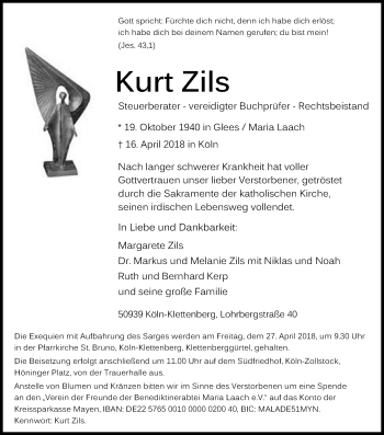Anzeige von Kurt Zils von Kölner Stadt-Anzeiger / Kölnische Rundschau / Express