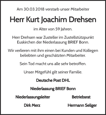 Anzeige von Kurt Joachim Drehsen von  Blickpunkt Euskirchen 