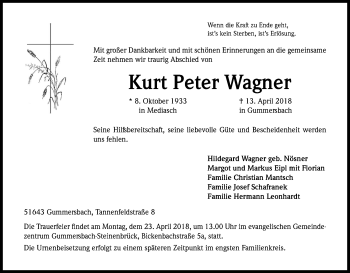 Anzeige von Kurt Peter Wagner von Kölner Stadt-Anzeiger / Kölnische Rundschau / Express