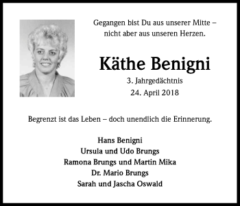 Anzeige von Käthe Benigni von Kölner Stadt-Anzeiger / Kölnische Rundschau / Express