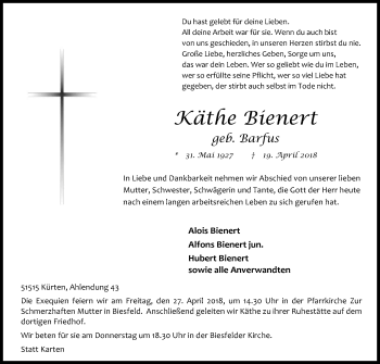 Anzeige von Käthe Bienert von Kölner Stadt-Anzeiger / Kölnische Rundschau / Express