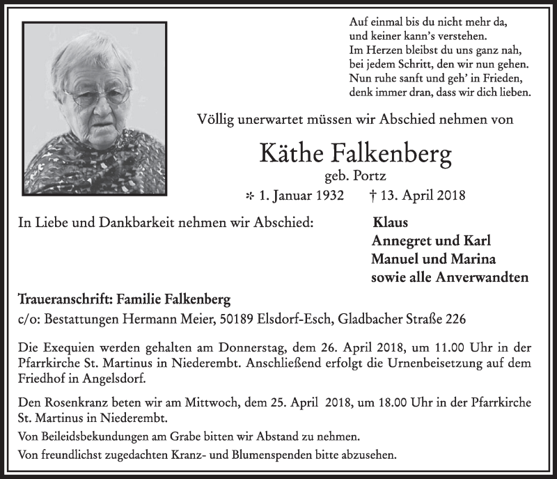  Traueranzeige für Käthe Falkenberg vom 21.04.2018 aus  Sonntags-Post 