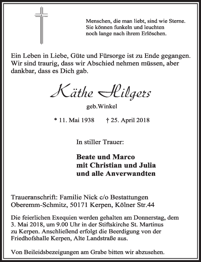  Traueranzeige für Käthe Hilgers vom 28.04.2018 aus  Sonntags-Post 