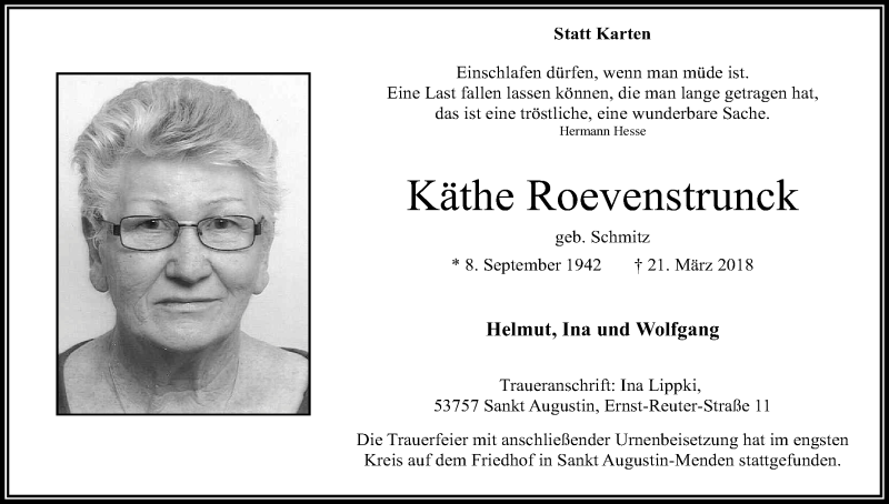  Traueranzeige für Käthe Roevenstrunck vom 07.04.2018 aus Kölner Stadt-Anzeiger / Kölnische Rundschau / Express