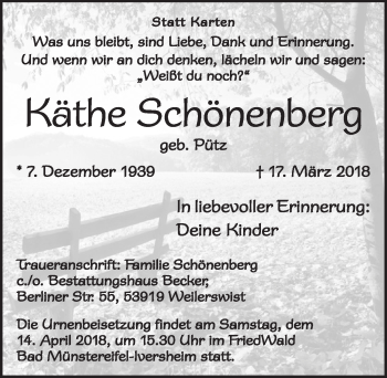 Anzeige von Käthe Schönenberg von  Blickpunkt Euskirchen 
