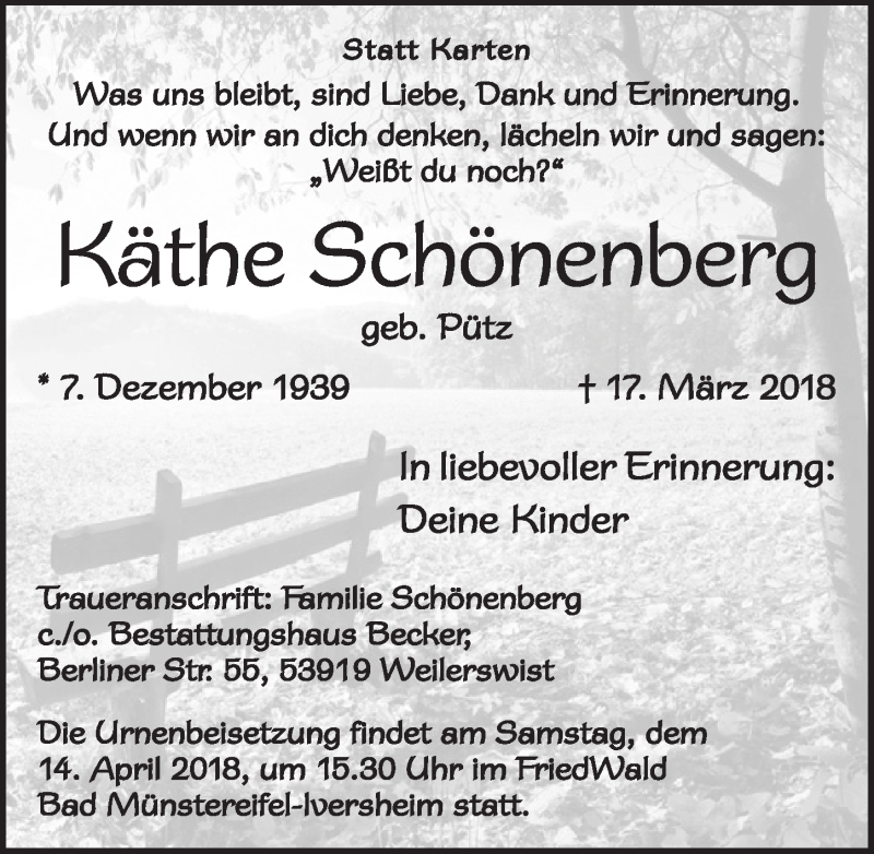  Traueranzeige für Käthe Schönenberg vom 07.04.2018 aus  Blickpunkt Euskirchen 