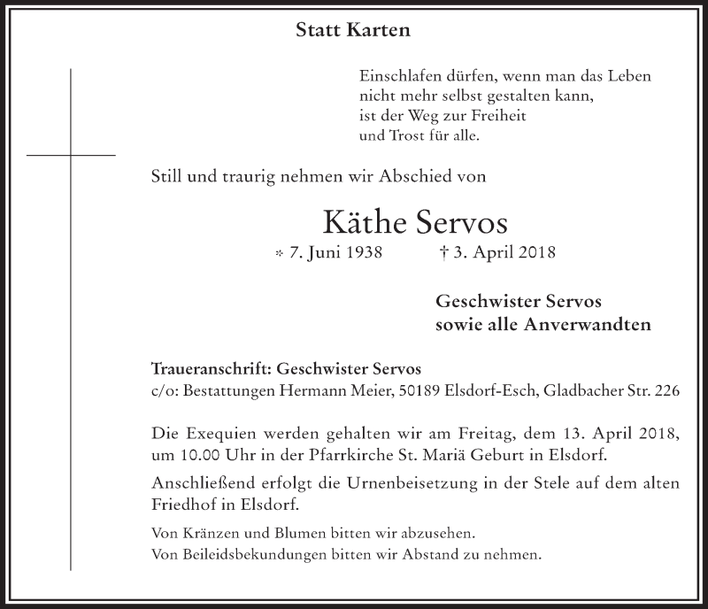  Traueranzeige für Käthe Servos vom 11.04.2018 aus  Werbepost 