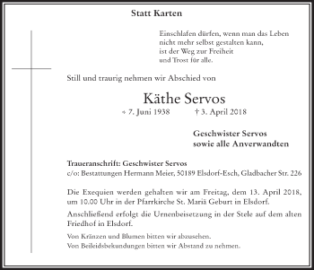 Anzeige von Käthe Servos von  Werbepost 