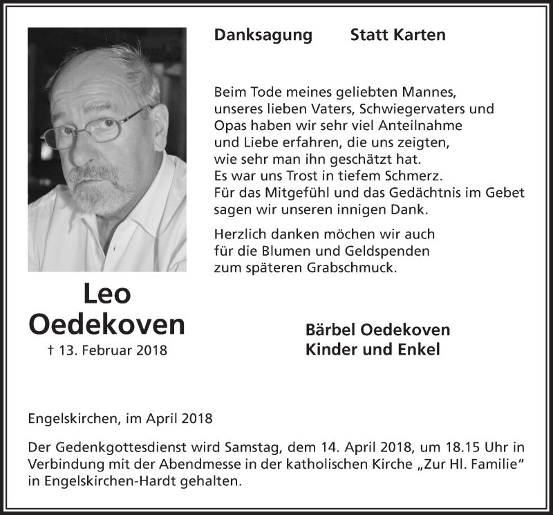  Traueranzeige für Leo Oedekoven vom 11.04.2018 aus  Anzeigen Echo 