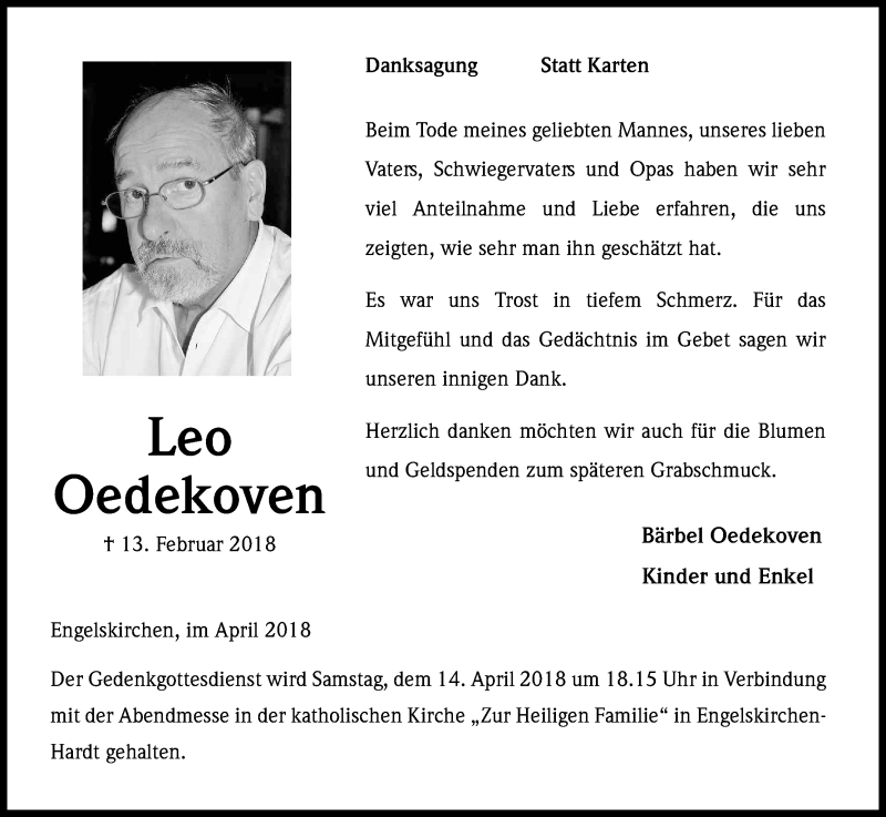  Traueranzeige für Leo Oedekoven vom 07.04.2018 aus Kölner Stadt-Anzeiger / Kölnische Rundschau / Express