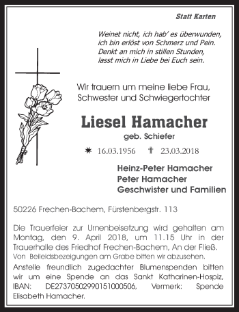 Anzeige von Liesel Hamacher von  Wochenende 