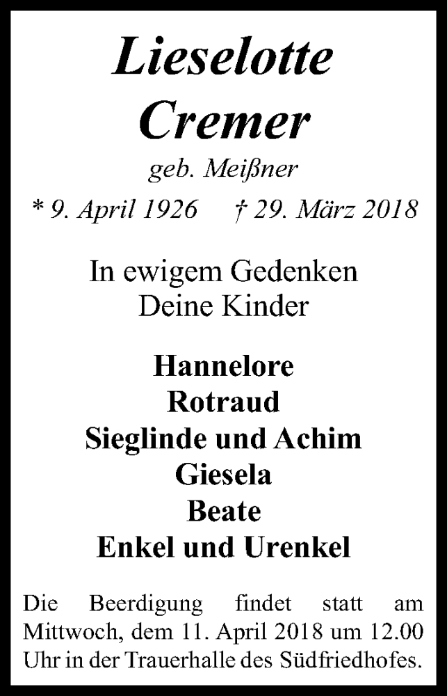  Traueranzeige für Lieselotte Cremer vom 07.04.2018 aus Kölner Stadt-Anzeiger / Kölnische Rundschau / Express