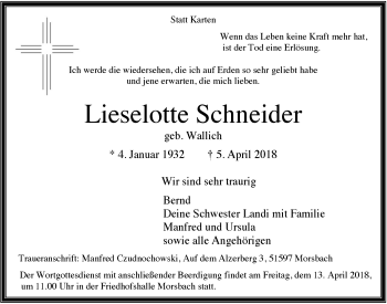 Anzeige von Lieselotte Schneider von  Lokalanzeiger 
