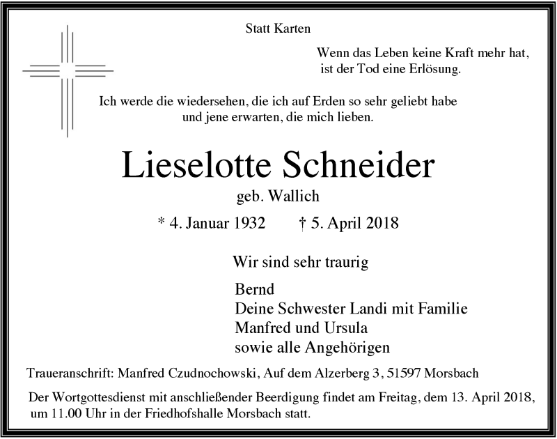  Traueranzeige für Lieselotte Schneider vom 11.04.2018 aus  Lokalanzeiger 