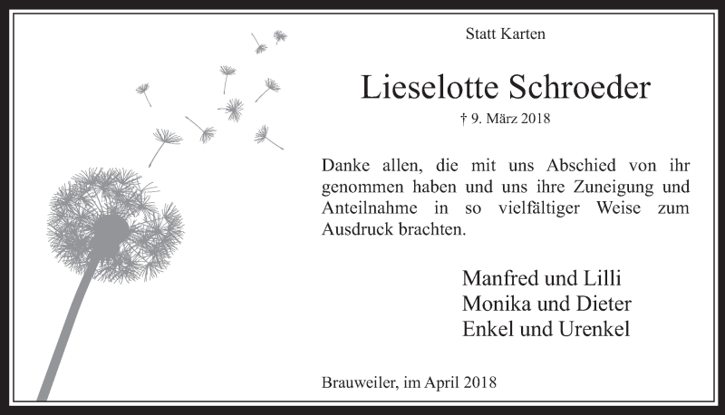  Traueranzeige für Lieselotte Schroeder vom 11.04.2018 aus  Wochenende 