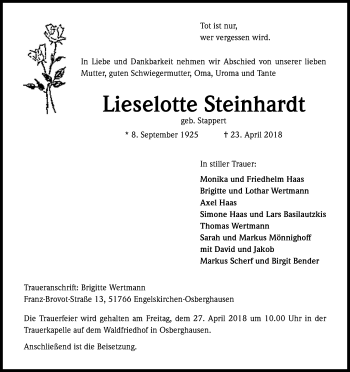 Anzeige von Lieselotte Steinhardt von Kölner Stadt-Anzeiger / Kölnische Rundschau / Express