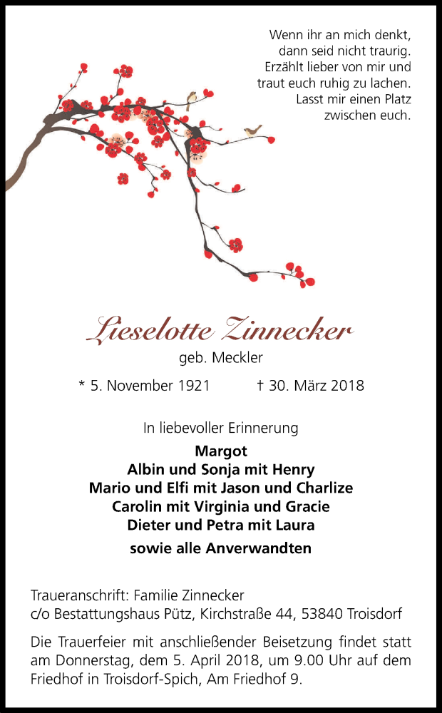  Traueranzeige für Lieselotte Zinnecker vom 04.04.2018 aus Kölner Stadt-Anzeiger / Kölnische Rundschau / Express