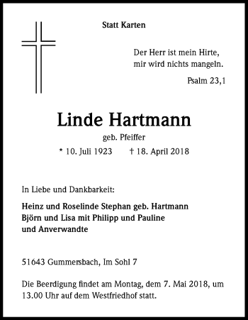 Anzeige von Linde Hartmann von Kölner Stadt-Anzeiger / Kölnische Rundschau / Express