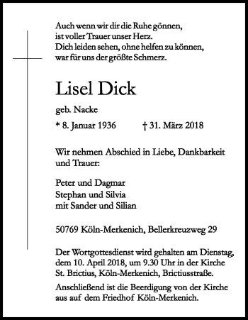 Anzeige von Lisel Dick von Kölner Stadt-Anzeiger / Kölnische Rundschau / Express