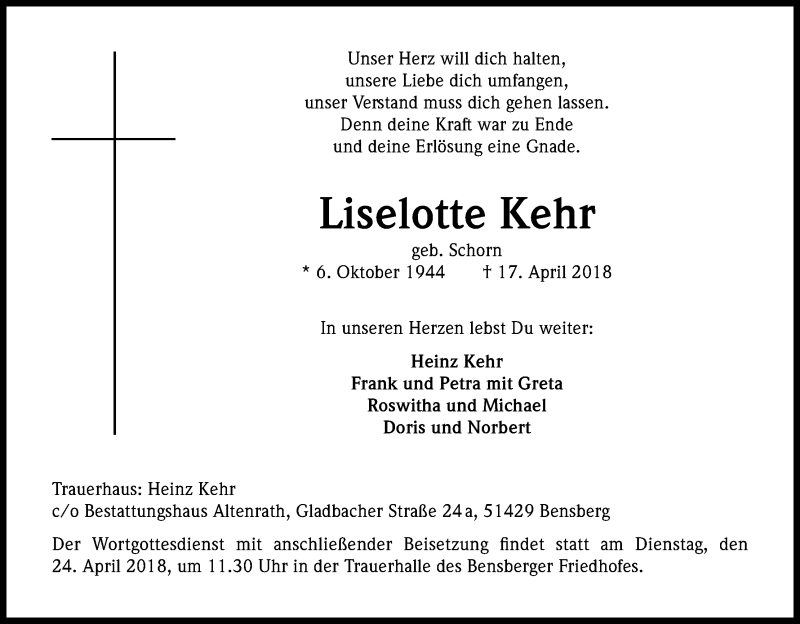  Traueranzeige für Liselotte Kehr vom 23.04.2018 aus Kölner Stadt-Anzeiger / Kölnische Rundschau / Express